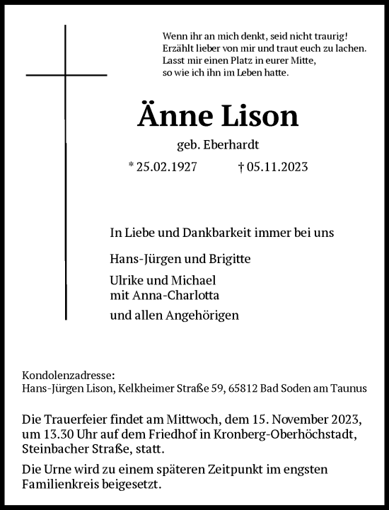 Traueranzeige von Änne Lison von FNP