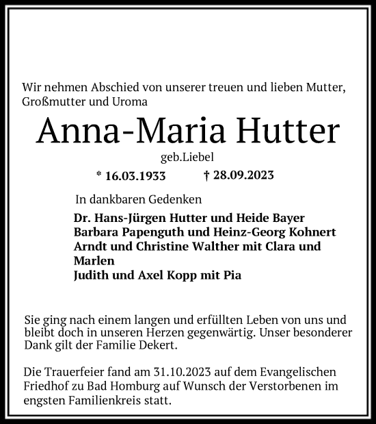 Traueranzeige von Anna-Maria Hutter von FNP