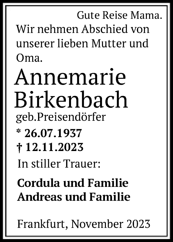  Traueranzeige für Annemarie Birkenbach vom 18.11.2023 aus FNP