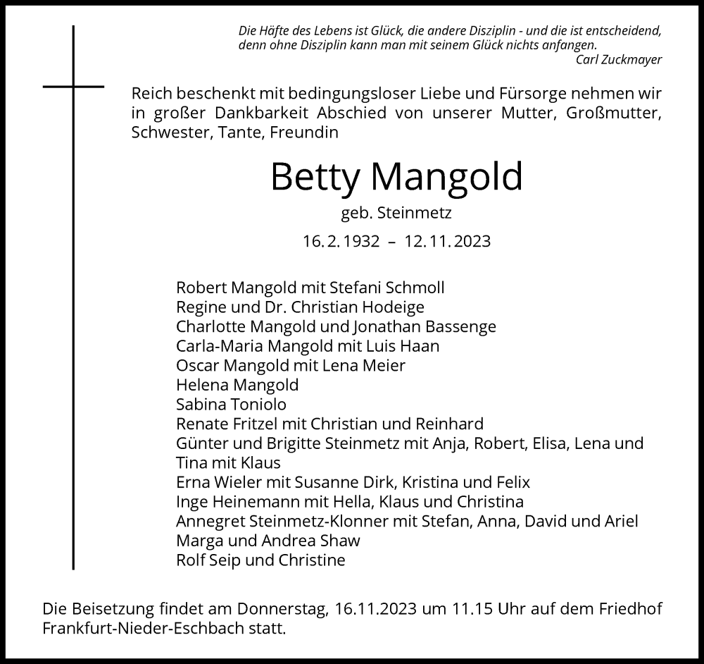  Traueranzeige für Betty Mangold vom 15.11.2023 aus FNP