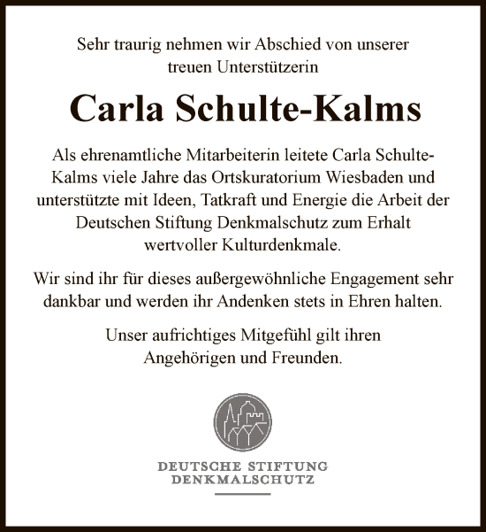 Traueranzeige von Carla Schulte-Kalms von FNP