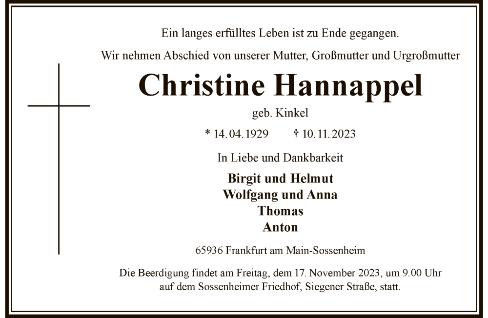  Traueranzeige für Christine Hannappel vom 14.11.2023 aus FNP