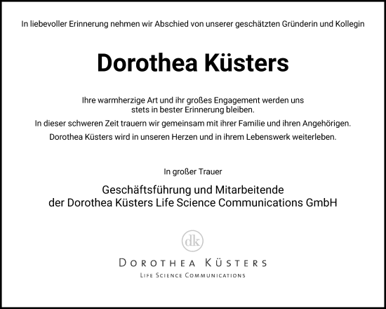 Traueranzeige von Dorothea Küsters von FNP