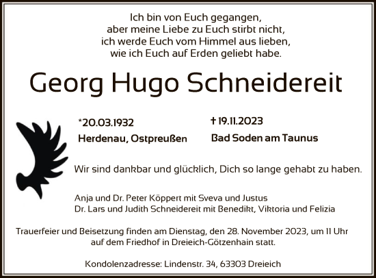 Traueranzeige von Georg Hugo Schneidereit von FNP