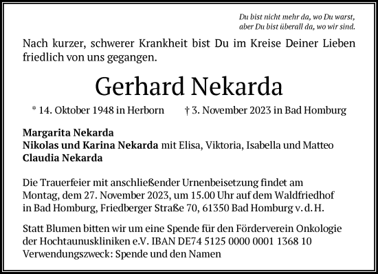 Traueranzeige von Gerhard Nekarda von FNP