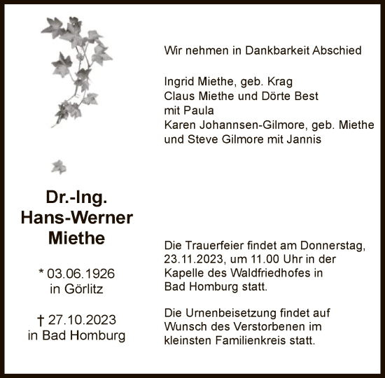 Traueranzeige von Hans-Werner Miethe von FNP