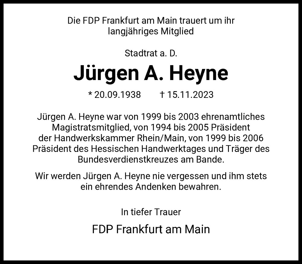  Traueranzeige für Jürgen A. Heyne vom 25.11.2023 aus FNP