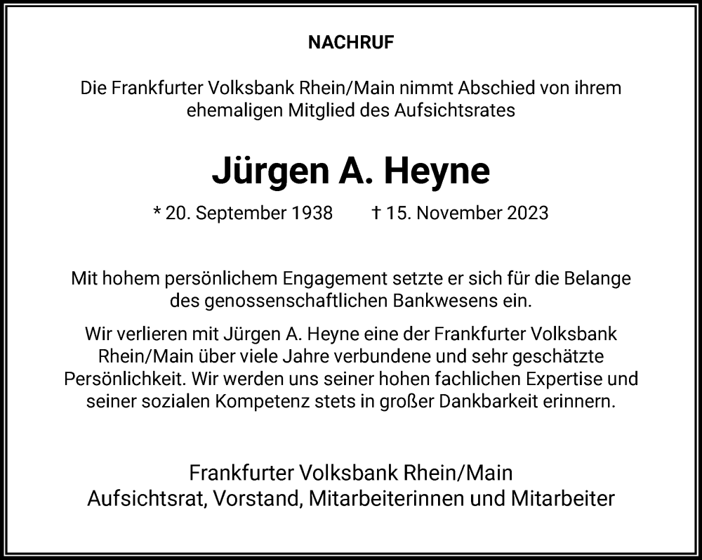  Traueranzeige für Jürgen A. Heyne vom 25.11.2023 aus FNP