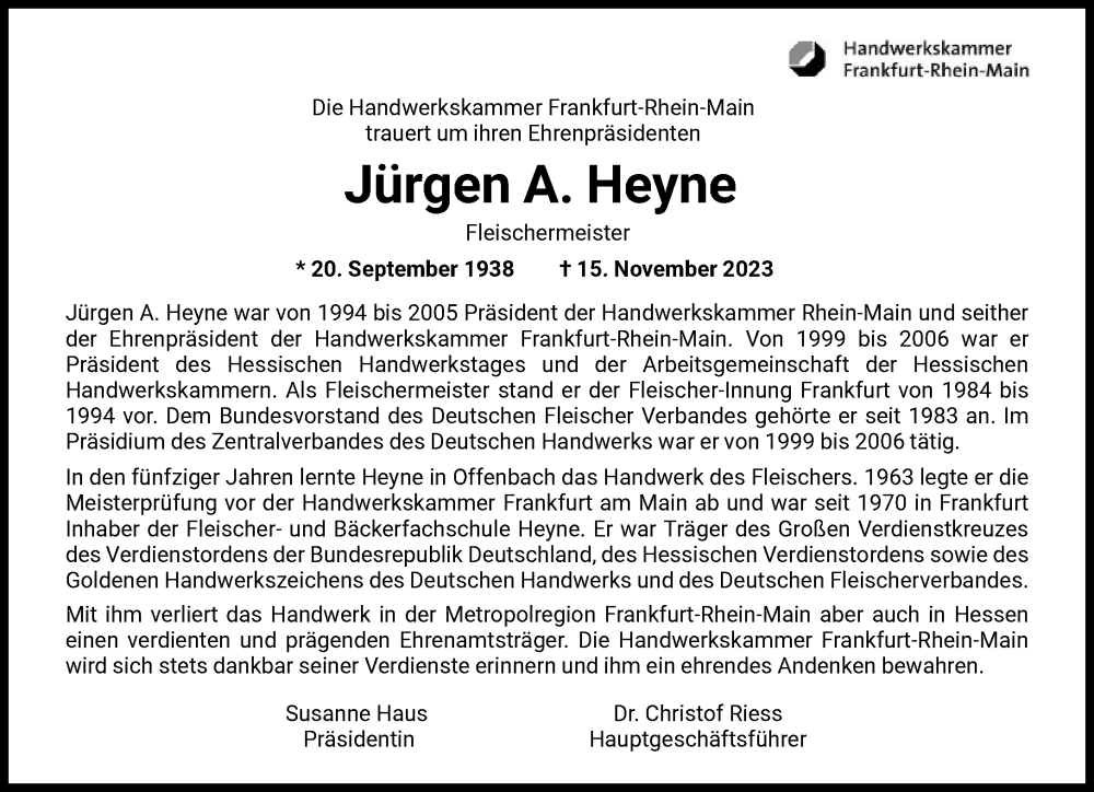  Traueranzeige für Jürgen A. Heyne vom 22.11.2023 aus FNP