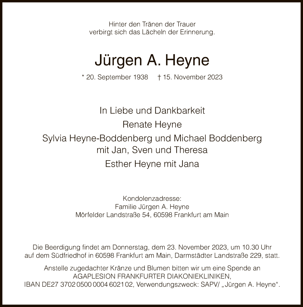  Traueranzeige für Jürgen A. Heyne vom 18.11.2023 aus FNP