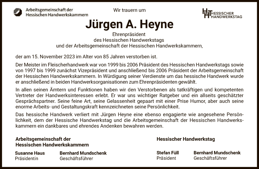  Traueranzeige für Jürgen A. Heyne vom 22.11.2023 aus FNP
