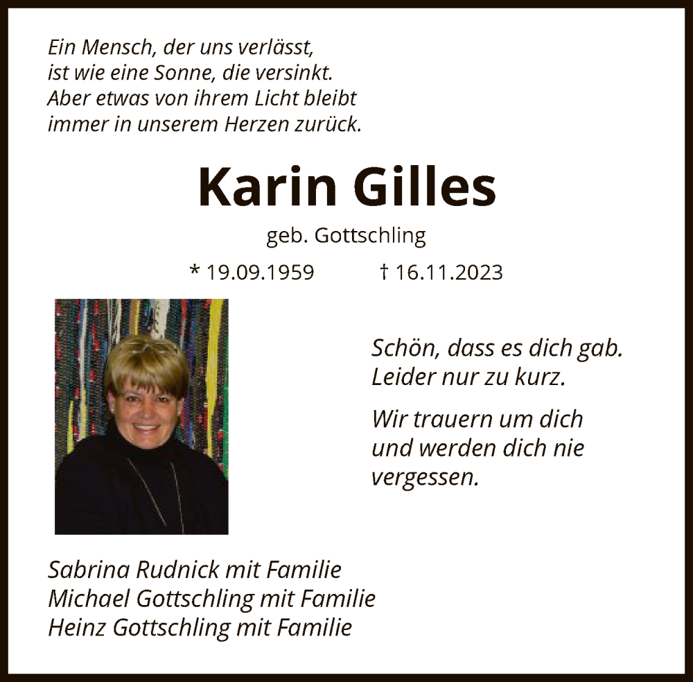  Traueranzeige für Karin Gilles vom 25.11.2023 aus FNP