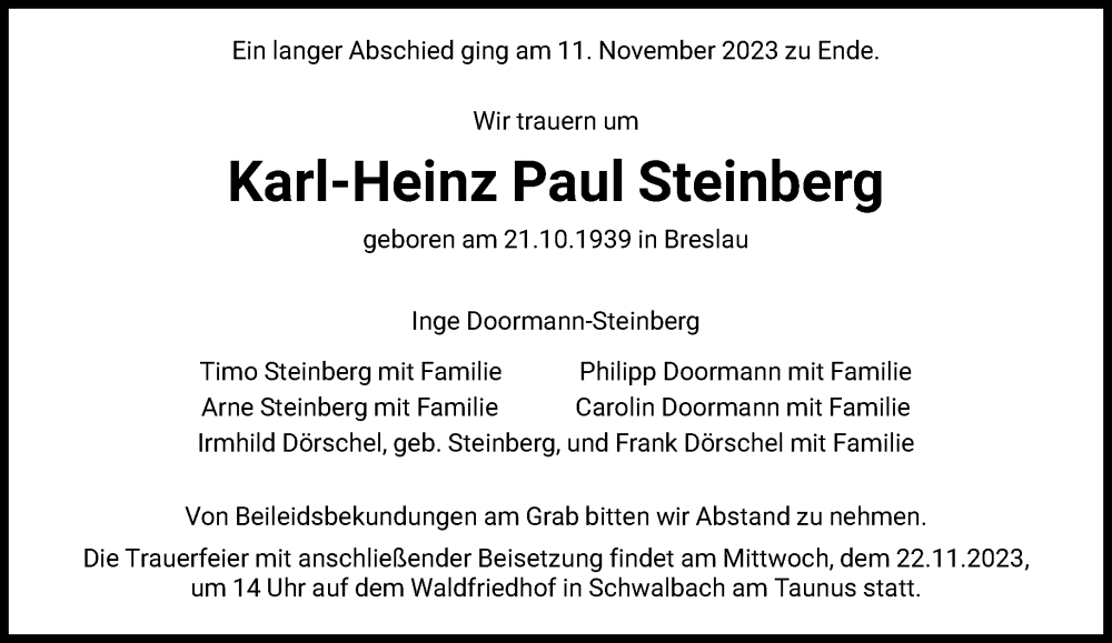  Traueranzeige für Karl-Heinz Paul Steinberg vom 18.11.2023 aus FNP