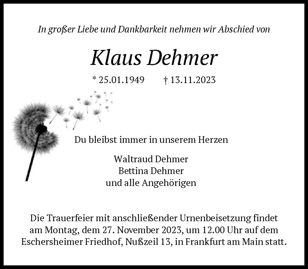  Traueranzeige für Klaus Dehmer vom 18.11.2023 aus FNP