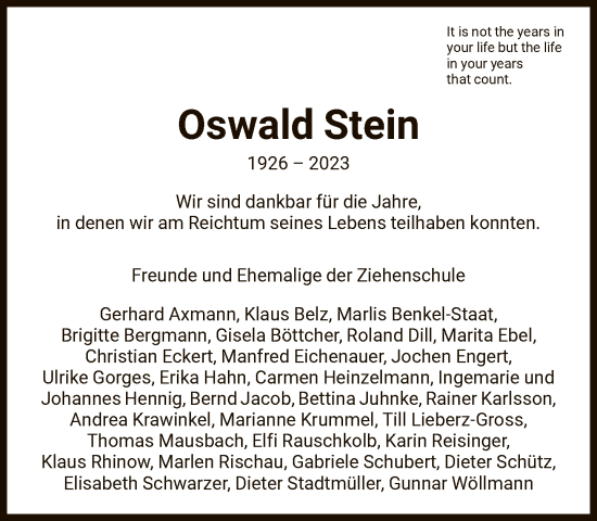 Traueranzeige von Oswald Stein von FNP