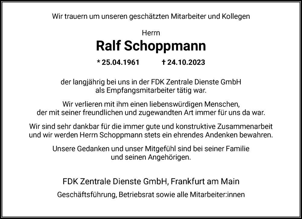  Traueranzeige für Ralf Schoppmann vom 08.11.2023 aus FNP