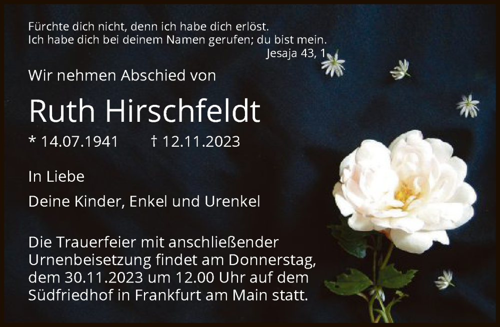  Traueranzeige für Ruth Hirschfeldt vom 16.11.2023 aus FNP