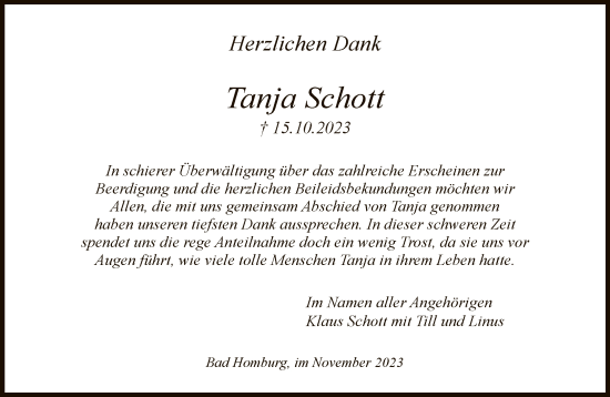 Traueranzeige von Tanja Schott von FNP