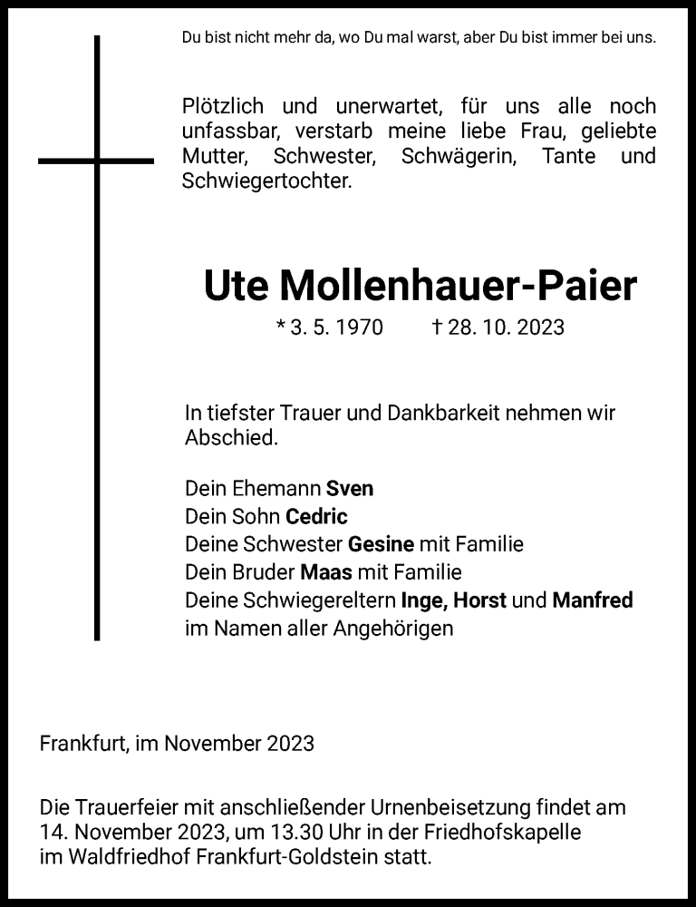  Traueranzeige für Ute Mollenhauer-Paier vom 04.11.2023 aus FNP