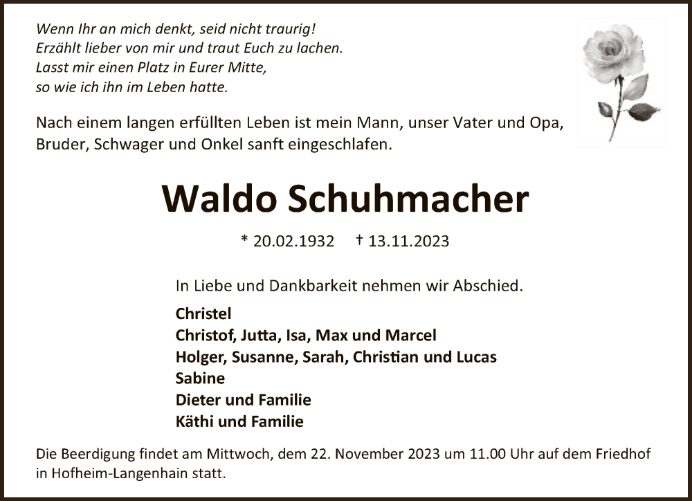  Traueranzeige für Waldo Schuhmacher vom 18.11.2023 aus FNP