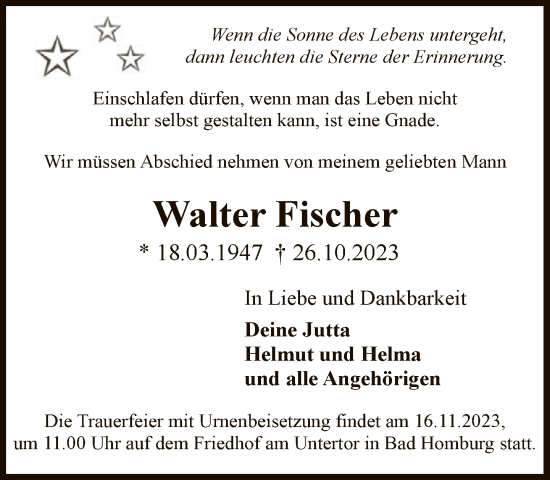 Traueranzeige von Walter Fischer von FNP