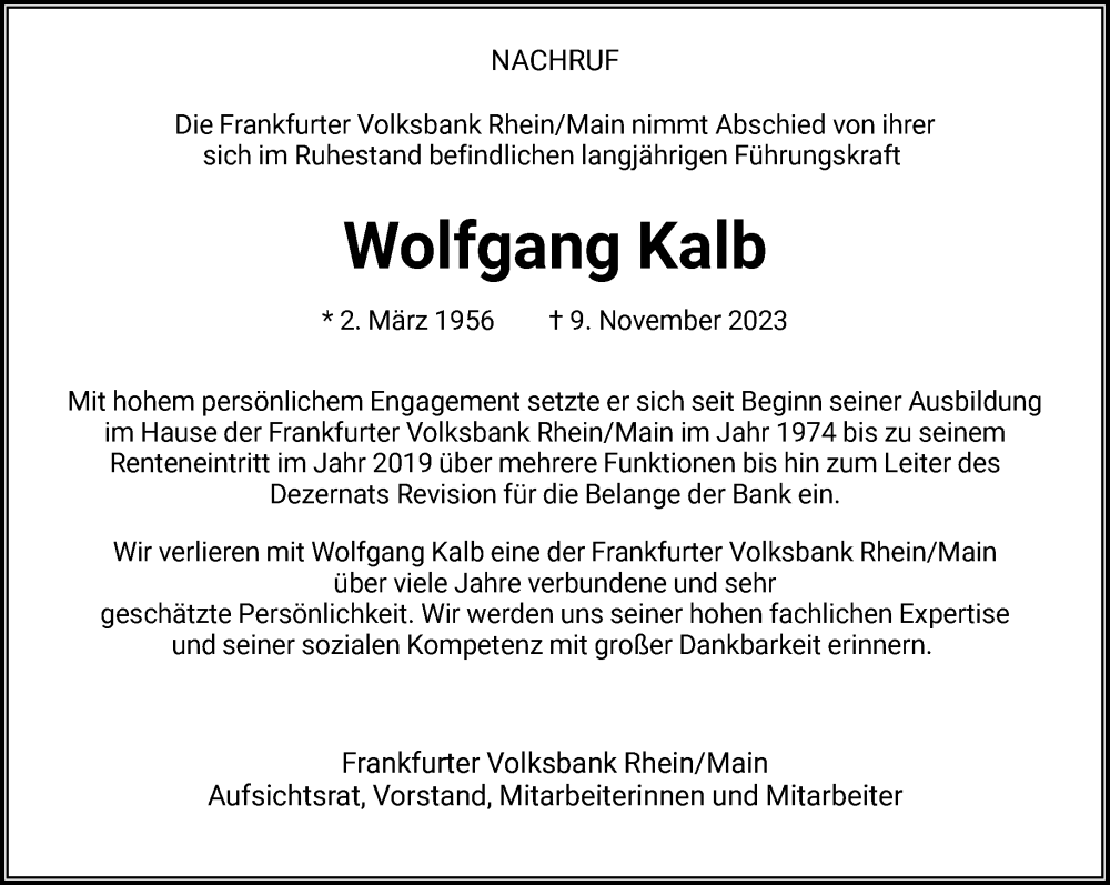  Traueranzeige für Wolfgang Kalb vom 16.11.2023 aus FNP