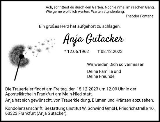 Traueranzeige von Anja Gutacker von FNP