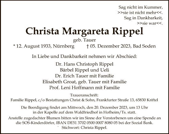 Traueranzeige von Christa Margareta Rippel von FNP