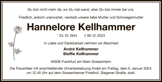 Traueranzeige von Hannelore Kellhammer von FNP