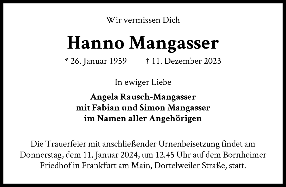  Traueranzeige für Hanno Mangasser vom 22.12.2023 aus FNP