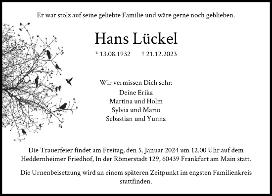 Traueranzeige von Hans Lückel von FNP