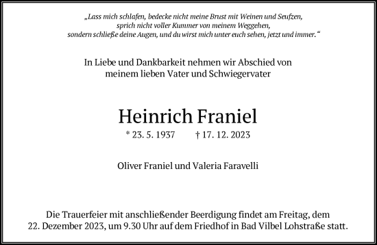 Traueranzeige von Heinrich Franiel von FNP