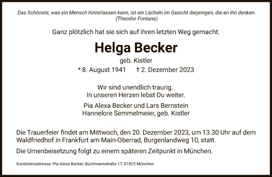 Traueranzeige von Helga Becker von FNP