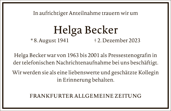 Traueranzeige von Helga Becker von FNP