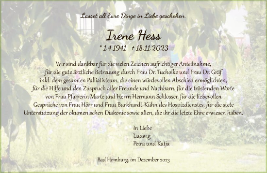 Traueranzeige von Irene Hess von FNP