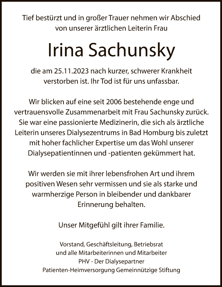  Traueranzeige für Irina Sachunsky vom 02.12.2023 aus FNP