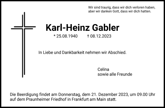 Traueranzeige von Karl-Heinz Gabler von FNP