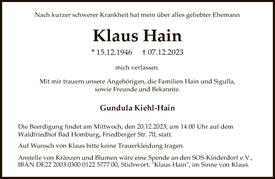 Traueranzeige von Klaus Hain von FNP