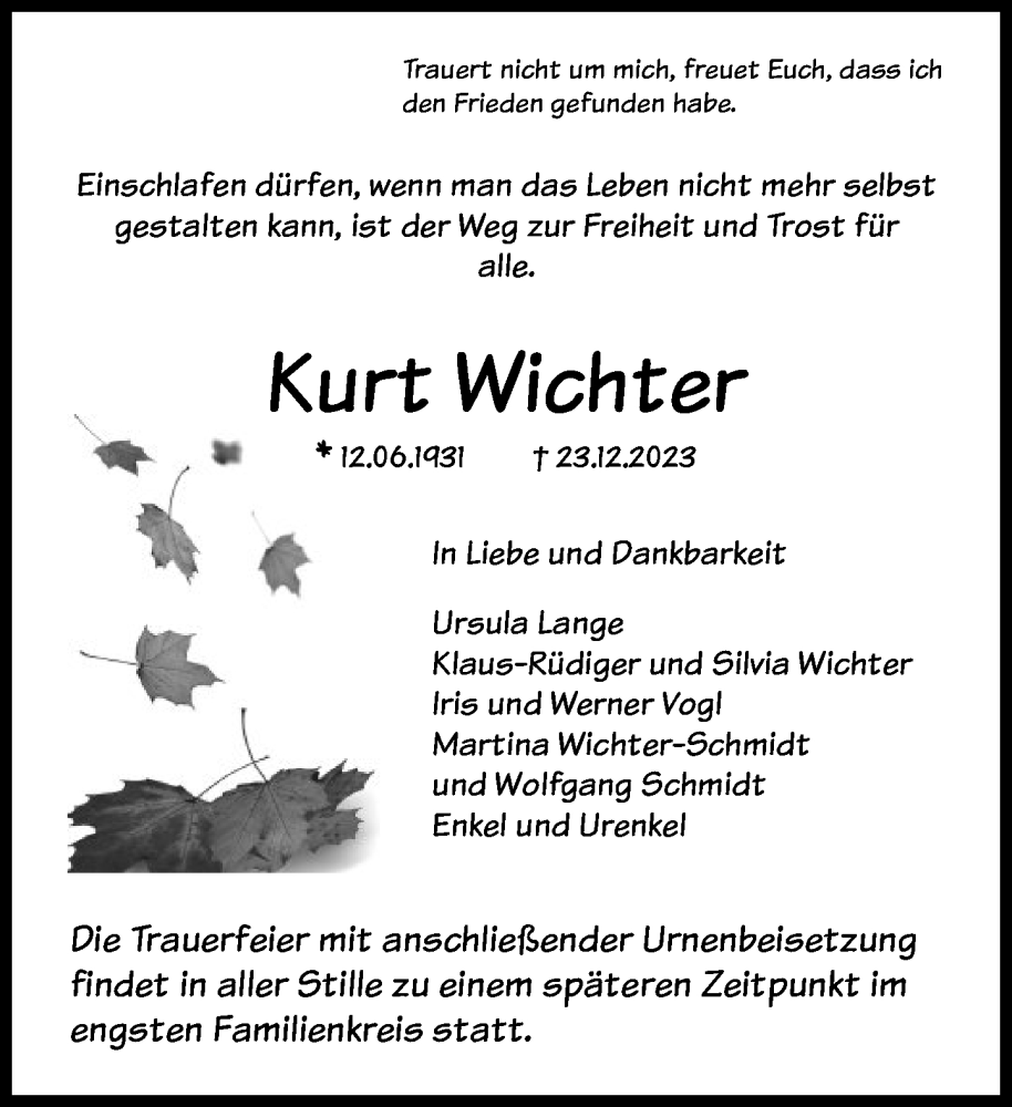  Traueranzeige für Kurt Wichter vom 30.12.2023 aus FNP