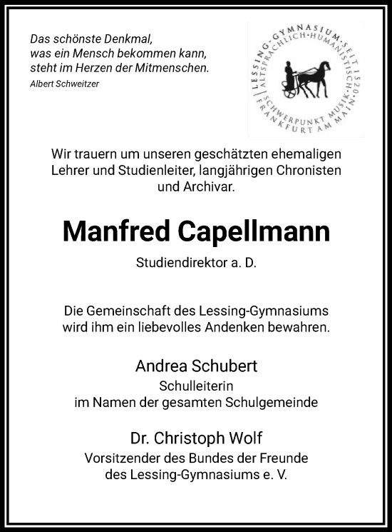 Traueranzeige von Manfred Capellmann von FNP