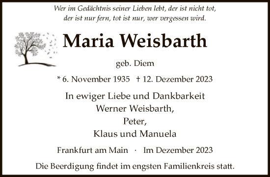 Traueranzeige von Maria Weisbarth von FNP