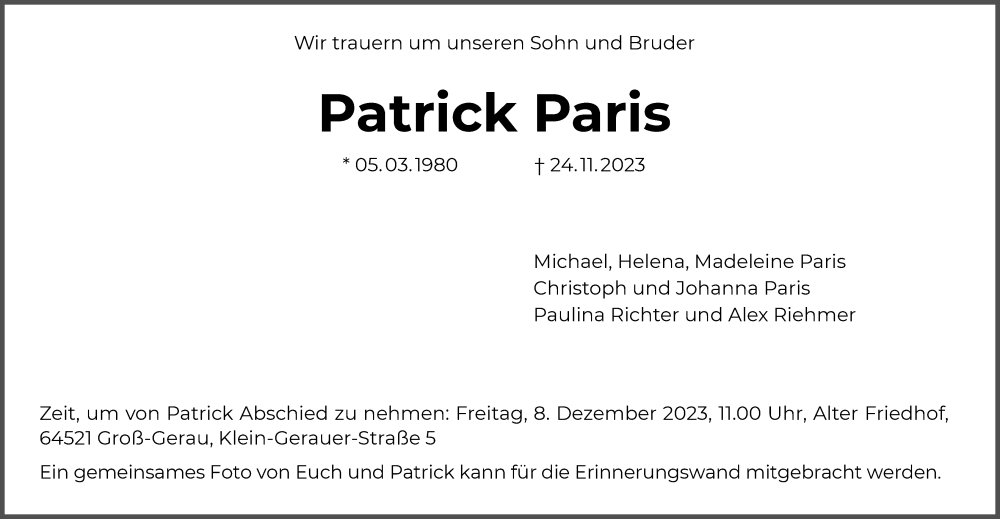  Traueranzeige für Patrick Paris vom 02.12.2023 aus FNP