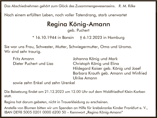 Traueranzeige von Regina König-Amann von FNP