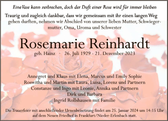 Traueranzeige von Rosemarie Reinhardt von FNP