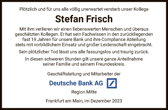 Traueranzeige von Stefan Frisch von FNP