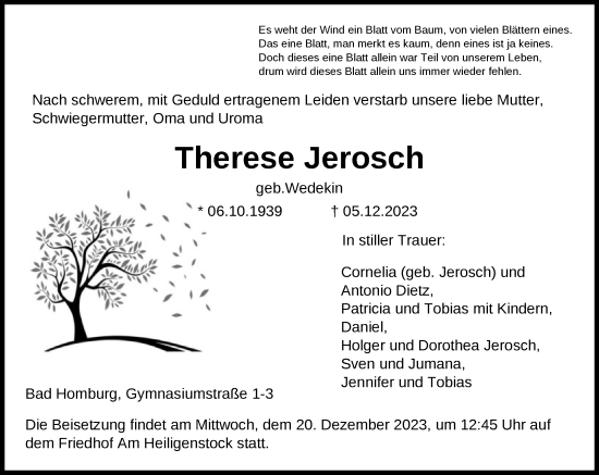 Traueranzeige von Therese Jerosch von FNP