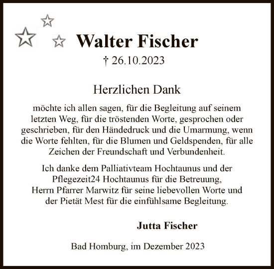 Traueranzeige von Walter Fischer von FNP