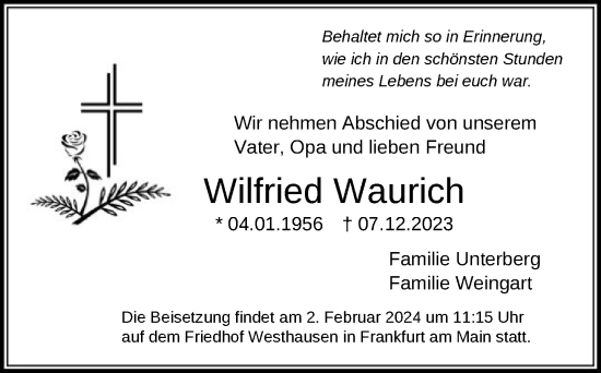 Traueranzeige von Wilfried Waurich von FNP