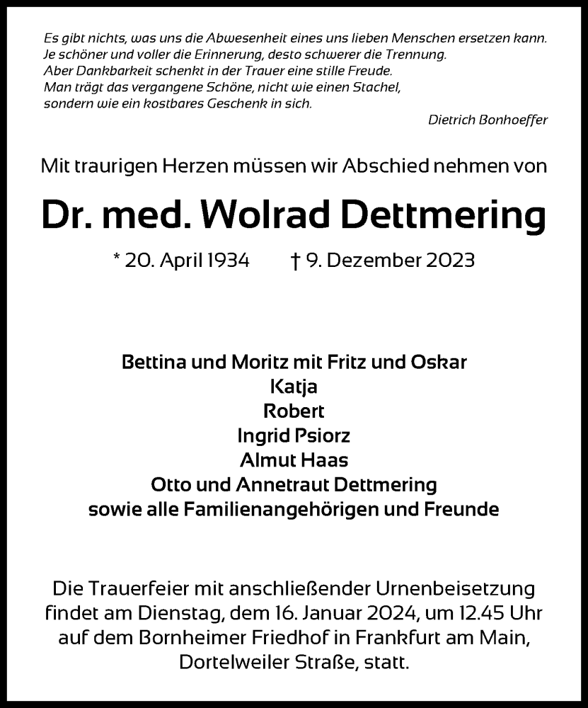  Traueranzeige für Wolrad Dettmering vom 23.12.2023 aus FNP