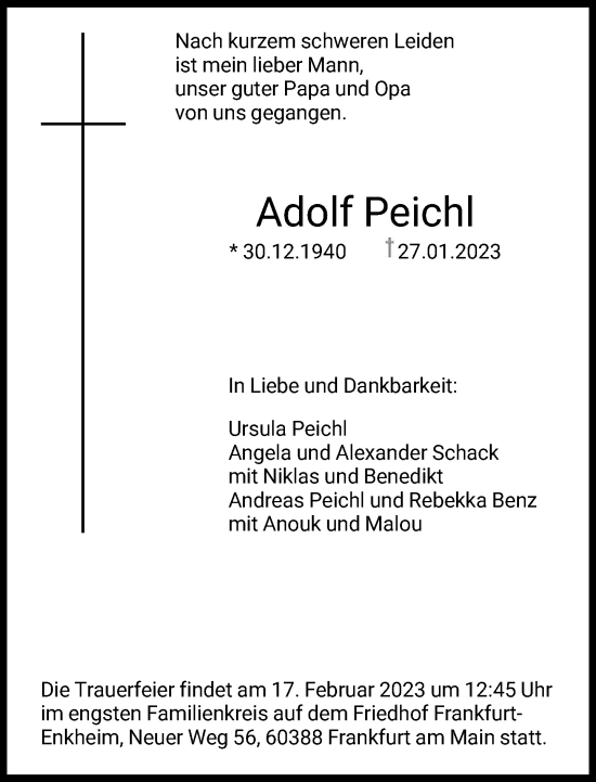 Traueranzeige von Adolf Peichl von FNP